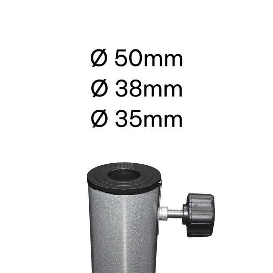 Metal parasol base mast with size markings on a white background,50mm, 38mm and 35mm