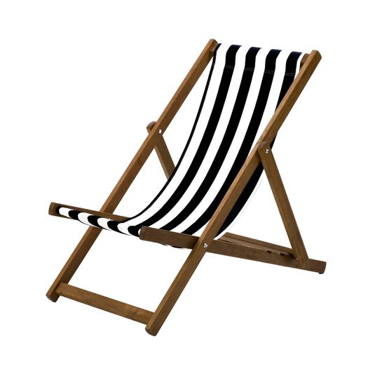 Black Deck Chair in Block Stripe Acrylic - Hard Wood Frame - Standard Deckchair