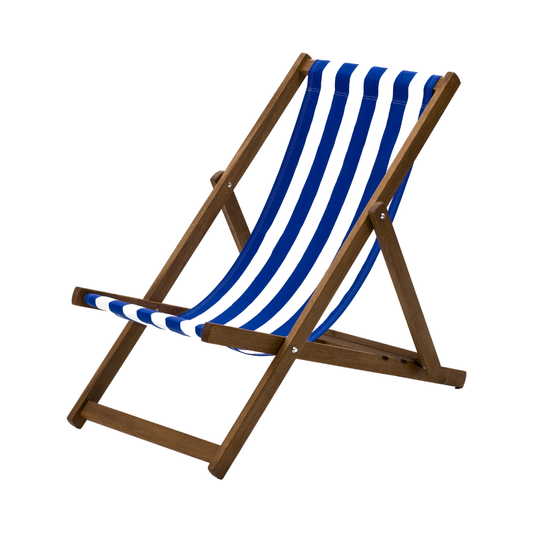Blue Deck Chair in Block Stripe Cotton - Hard Wood Frame - Standard Deckchair
