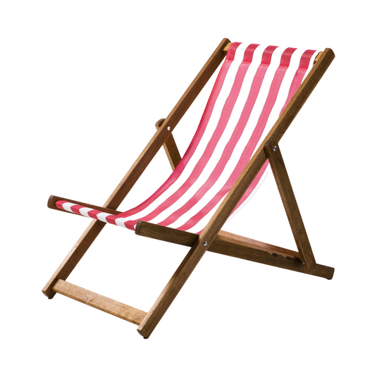 Red and White Block Stripe Polyethylene Deck Chair - Hard Wood Frame - Standard Deckchair