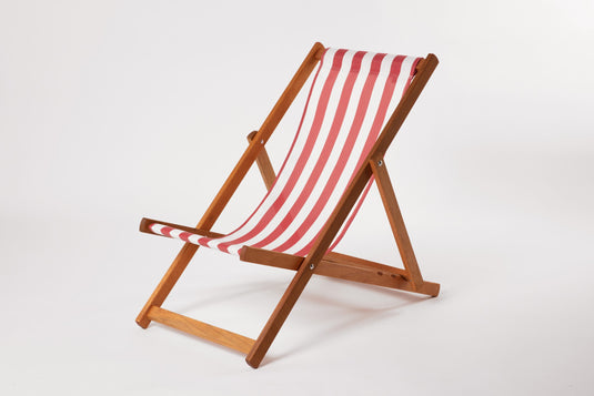 Red Deck Chair in Block Stripe Textilene - Hard Wood Frame - Standard Deckchair