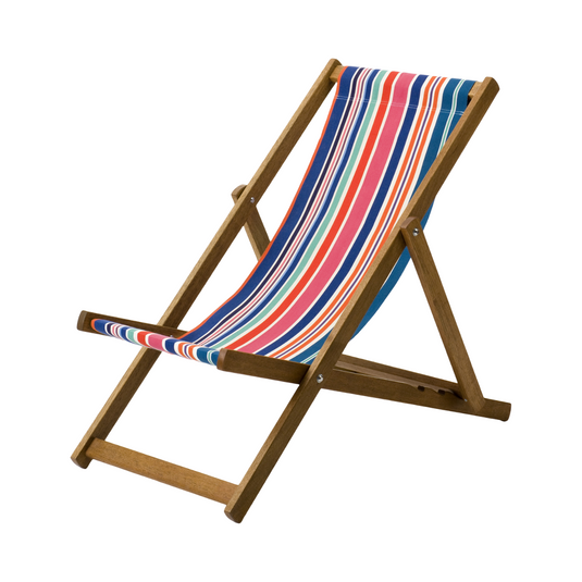 Multi-Coloured Deck Chair in Multi Stripe Woven Cotton - Hard Wood Frame - Standard Deckchair