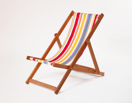 Multi-Coloured Deck Chair in Multi Stripe Woven Cotton - Hard Wood Frame - Standard Deckchair