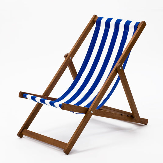 Blue Deck Chair in Block Stripe Acrylic - Hard Wood Frame - Standard Deckchair