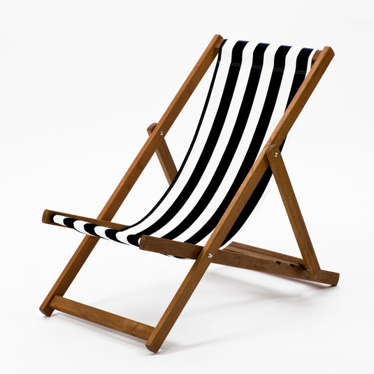 Black Deck Chair in Block Stripe Cotton - Hard Wood Frame - Standard Deckchair