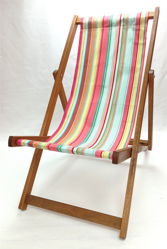 Multi-Coloured Deck Chair in Multi Stripe Woven Cotton - Hard Wood Frame - Standard Deckchair