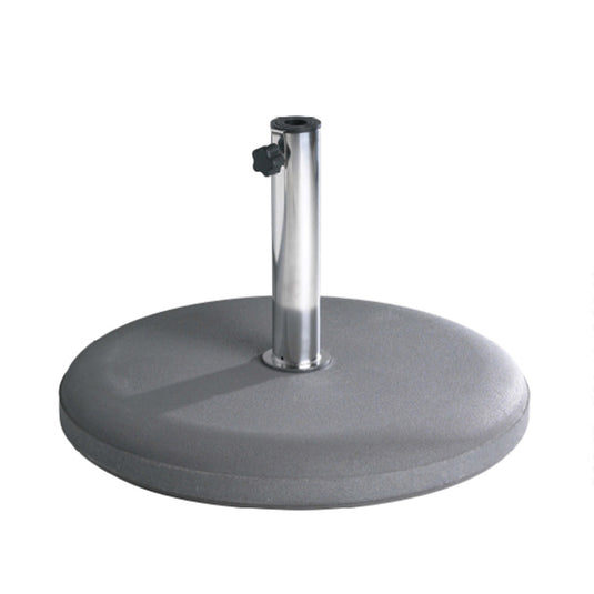 Gray patio umbrella base with metal pole on a white background