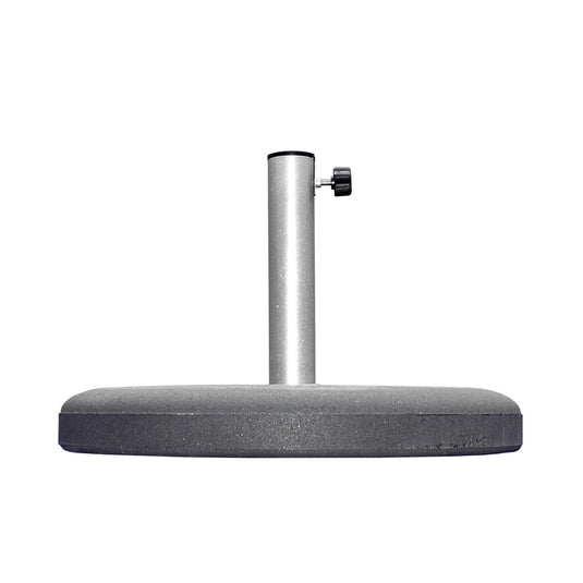 Gray patio umbrella base with metal pole on a white background