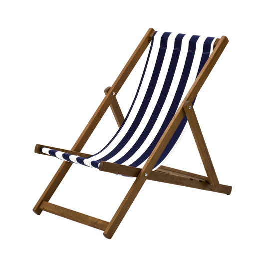 Blue Deck Chair in Block Stripe Acrylic - Hard Wood Frame - Standard Deckchair