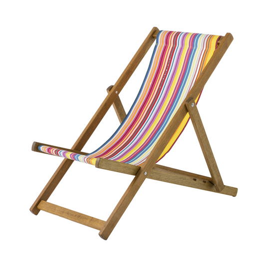 Multi-Coloured Deck Chair in Multi Stripe Woven Cotton - Hard Wood Frame - Standard Deckchair