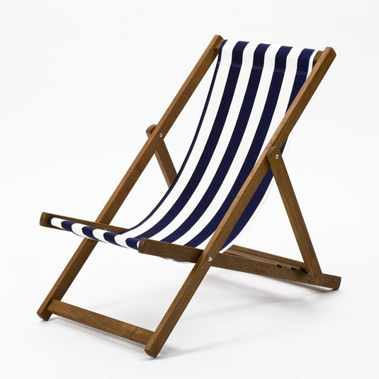 Blue Deck Chair in Block Stripe Acrylic - Hard Wood Frame - Junior Deckchair