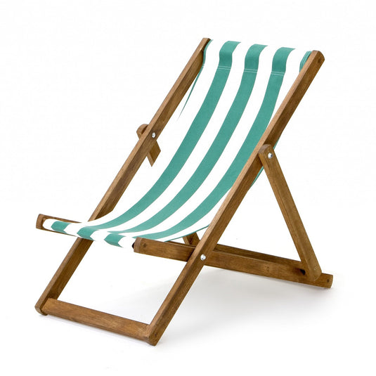 Green Deck Chair in Block Stripe Cotton - Hard Wood Frame - Junior Deckchair
