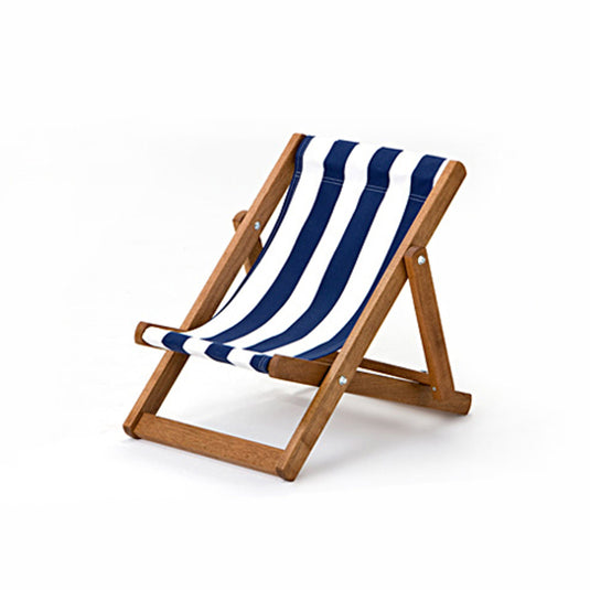 Blue Deck Chair in Block Stripe Cotton - Hard Wood Frame - Child's Deckchair